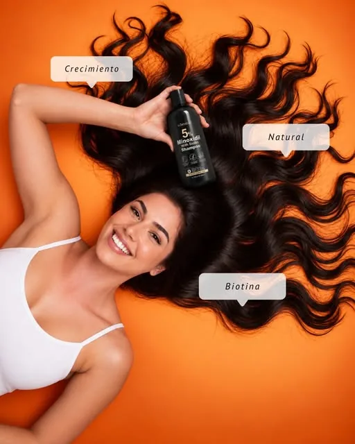 Mujer sonriente con el cabello suelto sobre fondo naranja y un frasco de tratamiento capilar