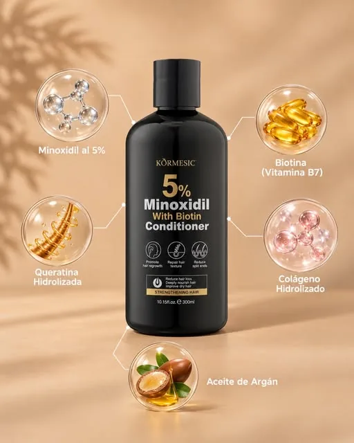 Acondicionador Kormesic 5% Minoxidil con biotina rodeado de sus ingredientes