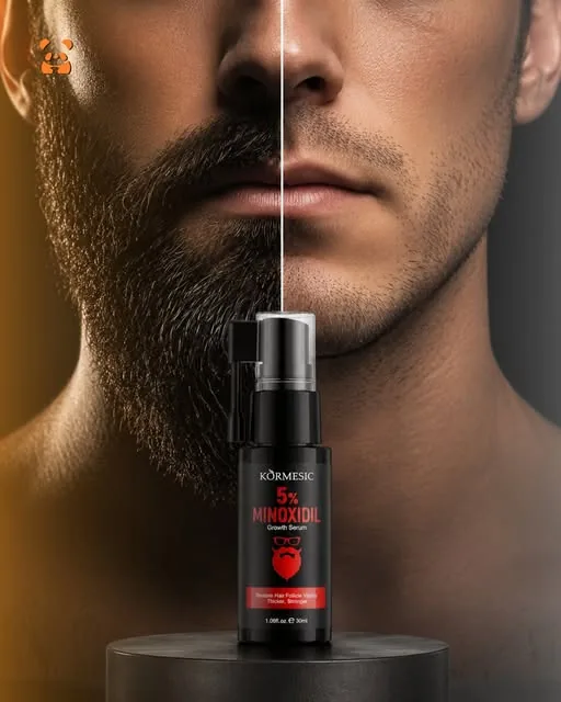 Frasco de minoxidil Kormesic frente a un rostro con barba