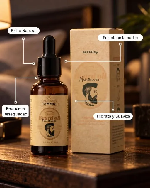 Aceite para barba con su caja sobre una mesa de madera