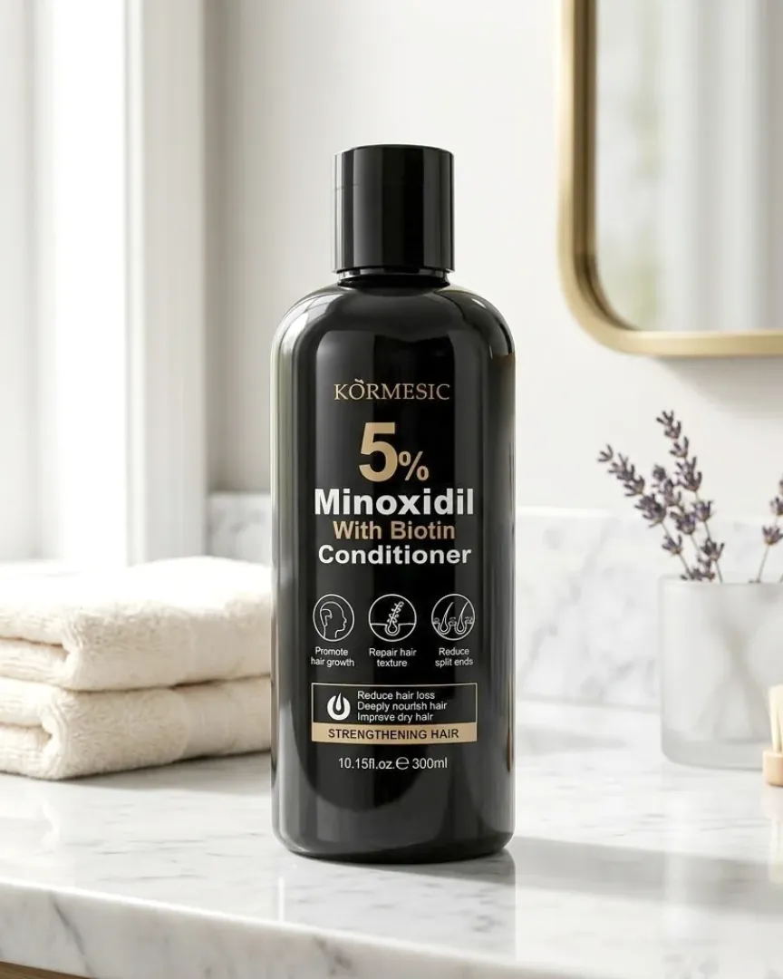 Acondicionador Kormesic 5% Minoxidil con biotina en un baño de mármol